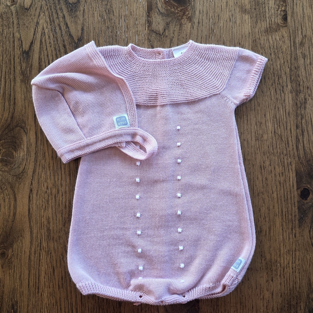 Spanish Knit Pink Knit Baby Romper with Bonnet